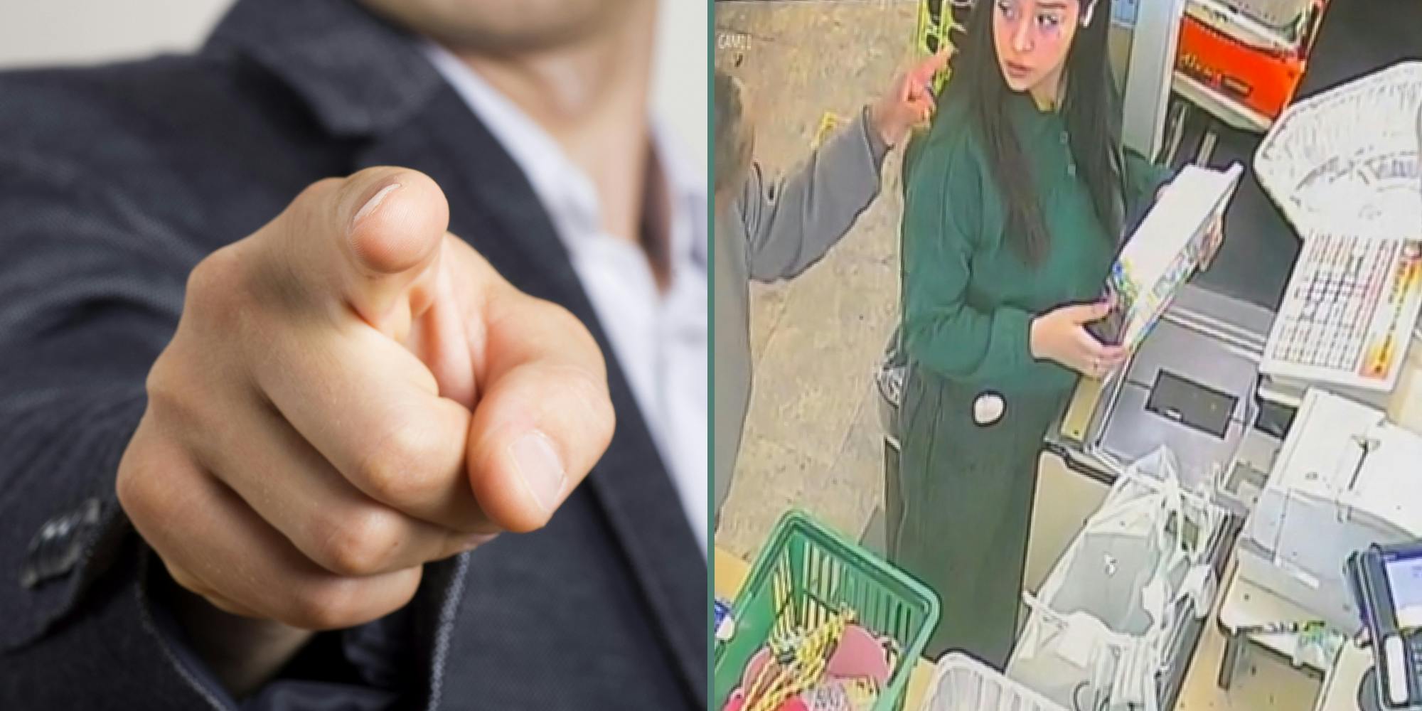 man in business suit pointing finger at screen (l) Cashier with rude mans finger in her face (r)