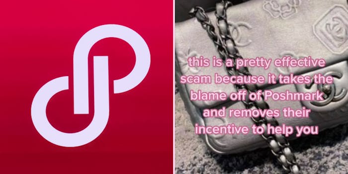 Poshmark logo on red background (l) name brand luxury purse caption " this is a pretty effective scam because it takes the blame off of Poshmark and removes their incentive to help you" (r)