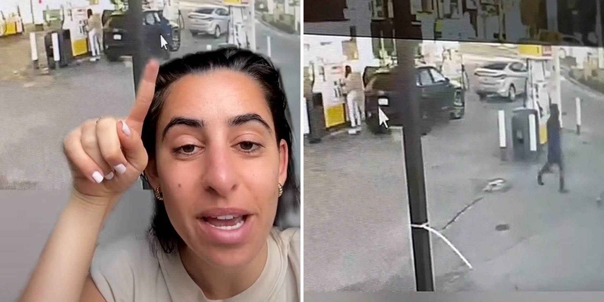 woman pointing to man stealing from car (l) Man walking away from scene (r)