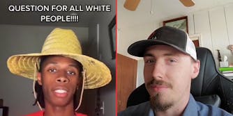 African American man in hat caption " QUESTION FOR ALL WHITE PEOPLE!!!! " (l) White guy with hat (r)