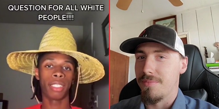 African American man in hat caption ' QUESTION FOR ALL WHITE PEOPLE!!!! ' (l) White guy with hat (r)