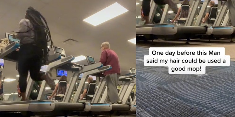 people on treadmills (l) gym carpet with caption 'one day before this man said my hair could be used a good mop!'