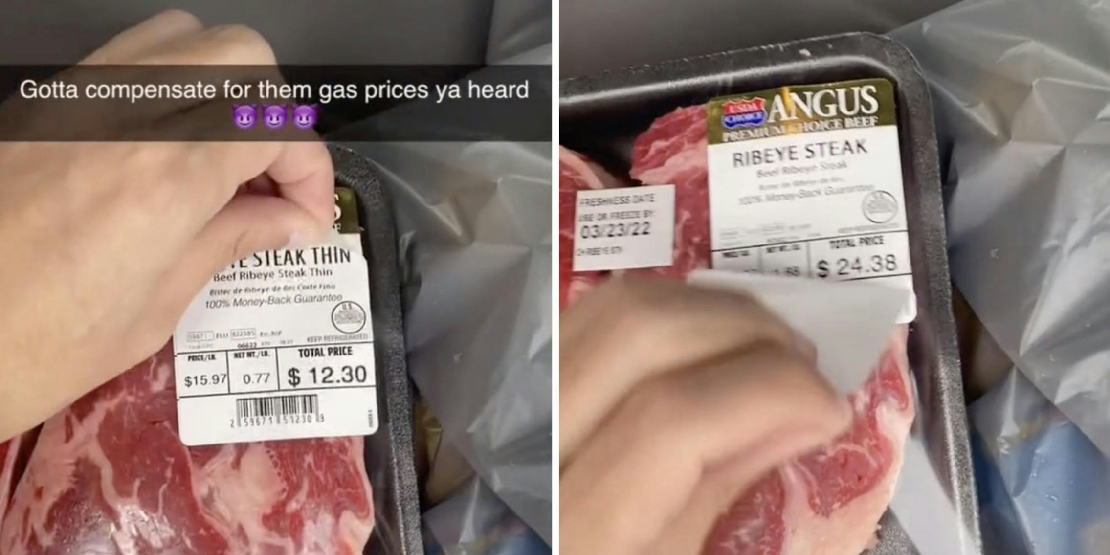 person pulling off label on ribeye food product