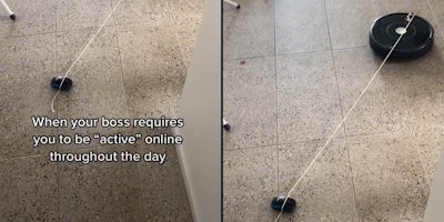Roomba with computer mouse on string caption ' When your boss requires you to be 'active' online throughout the day' (l) Roomba with mouse on string(r)