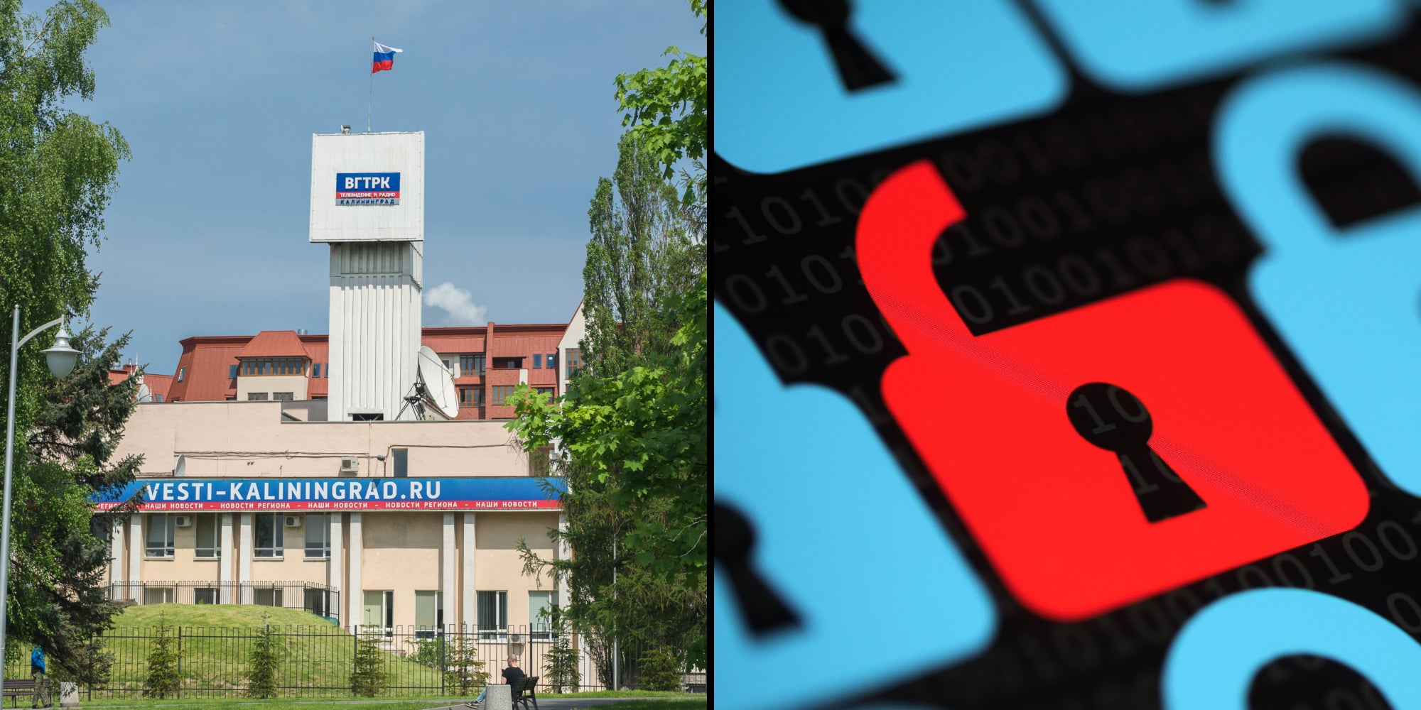 All-Russia State Television and Radio Broadcasting Company building (l) Blue locks with an open red lock symbolizing a breach or hack (r)