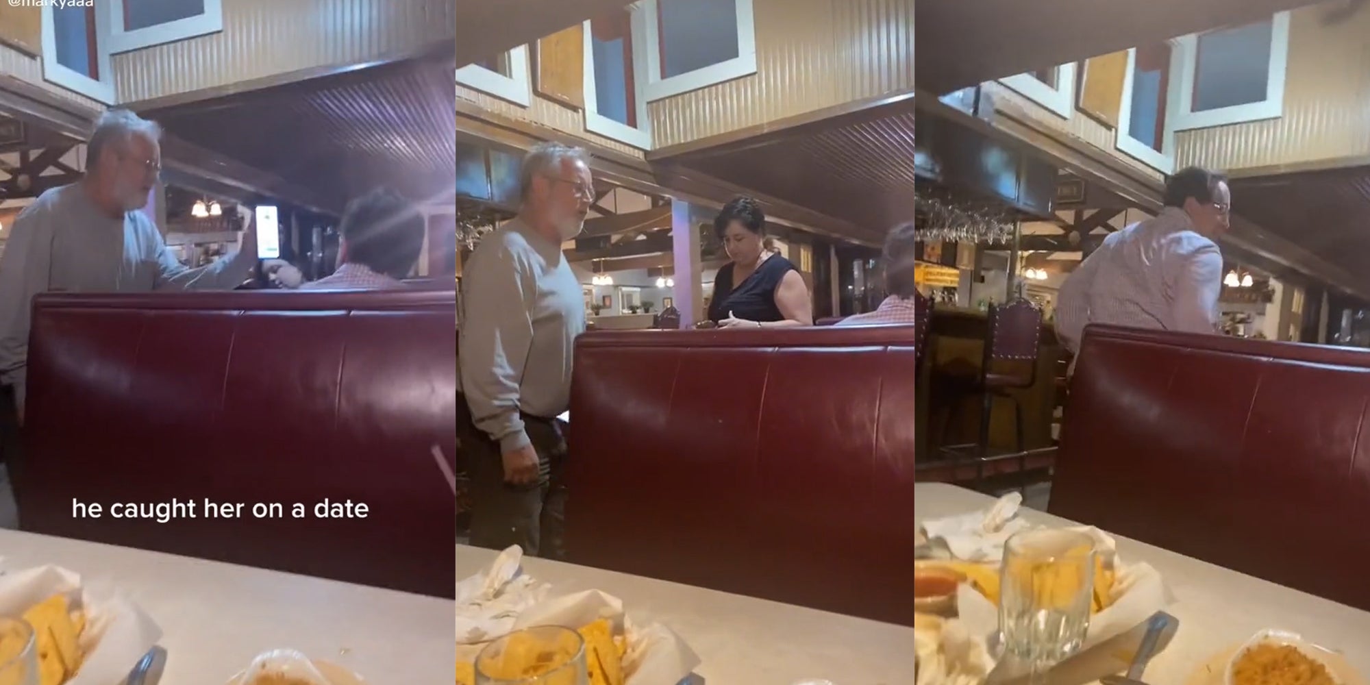 Man with phone caption 'he caught her on a date'(l) Man standing aftermath (c) other man leaves (r)