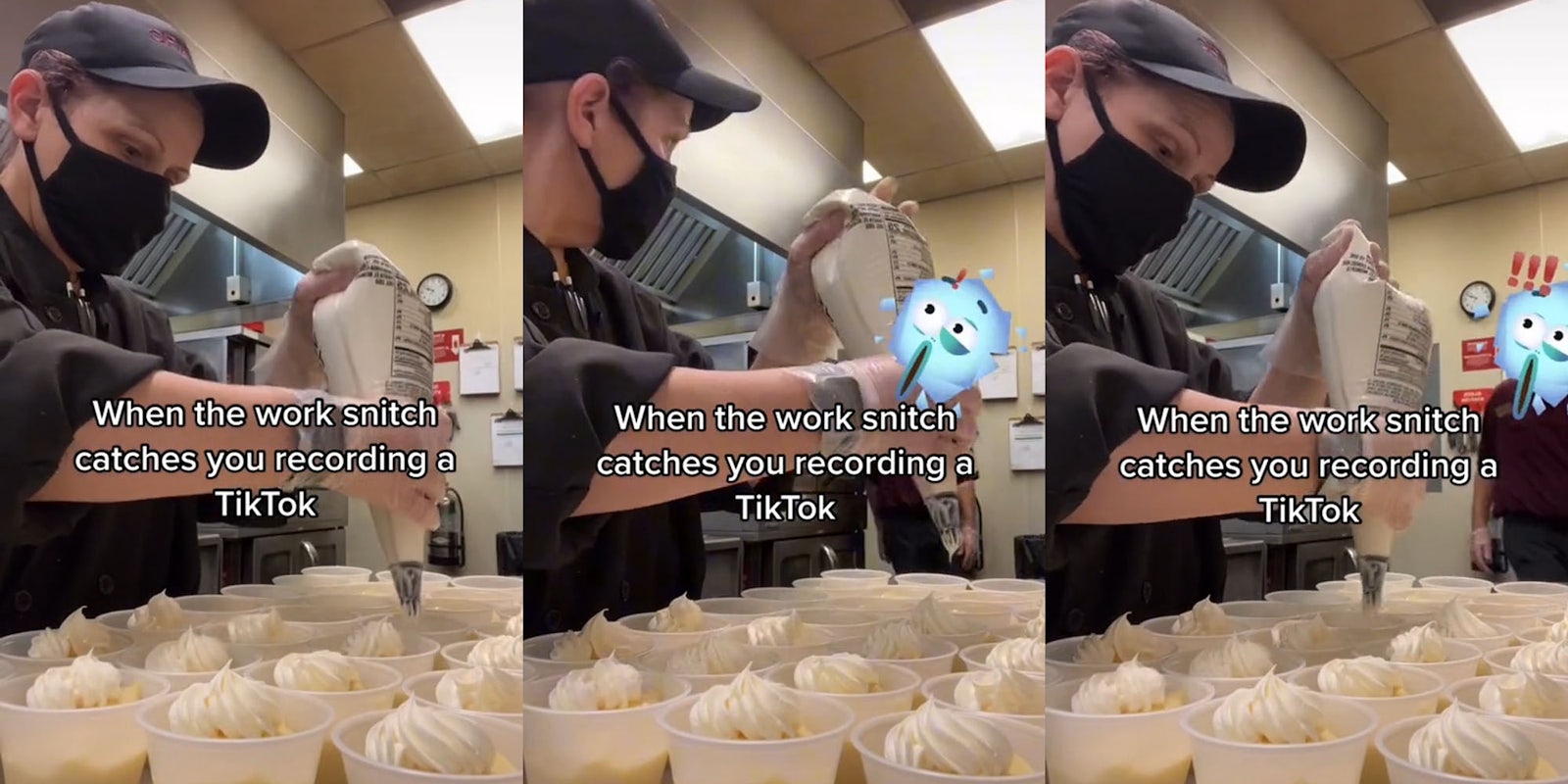 food service employee making desserts caption ' When the work snitch catches you recording a TikTok'(l)food service employee making desserts looking to her side caption ' When the work snitch catches you recording a TikTok'(c)food service employee making desserts other worker to her side caption ' When the work snitch catches you recording a TikTok'