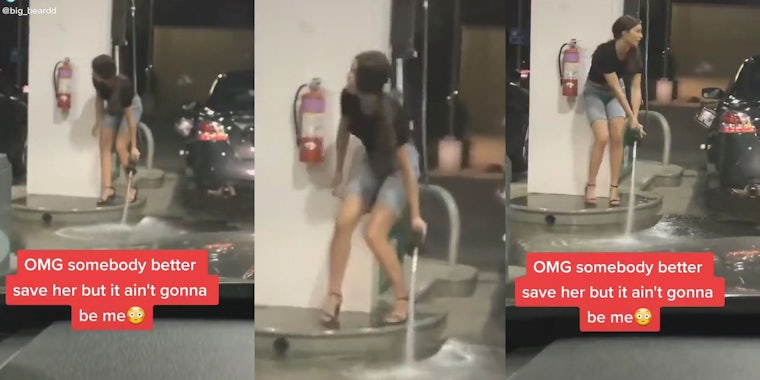 woman holding gasoline pump spilling caption 'OMG somebody better save her but it ain't gonna be me blush emoji'(l) woman spilling gas confused(c) woman holding gas pump looking around same caption(r)