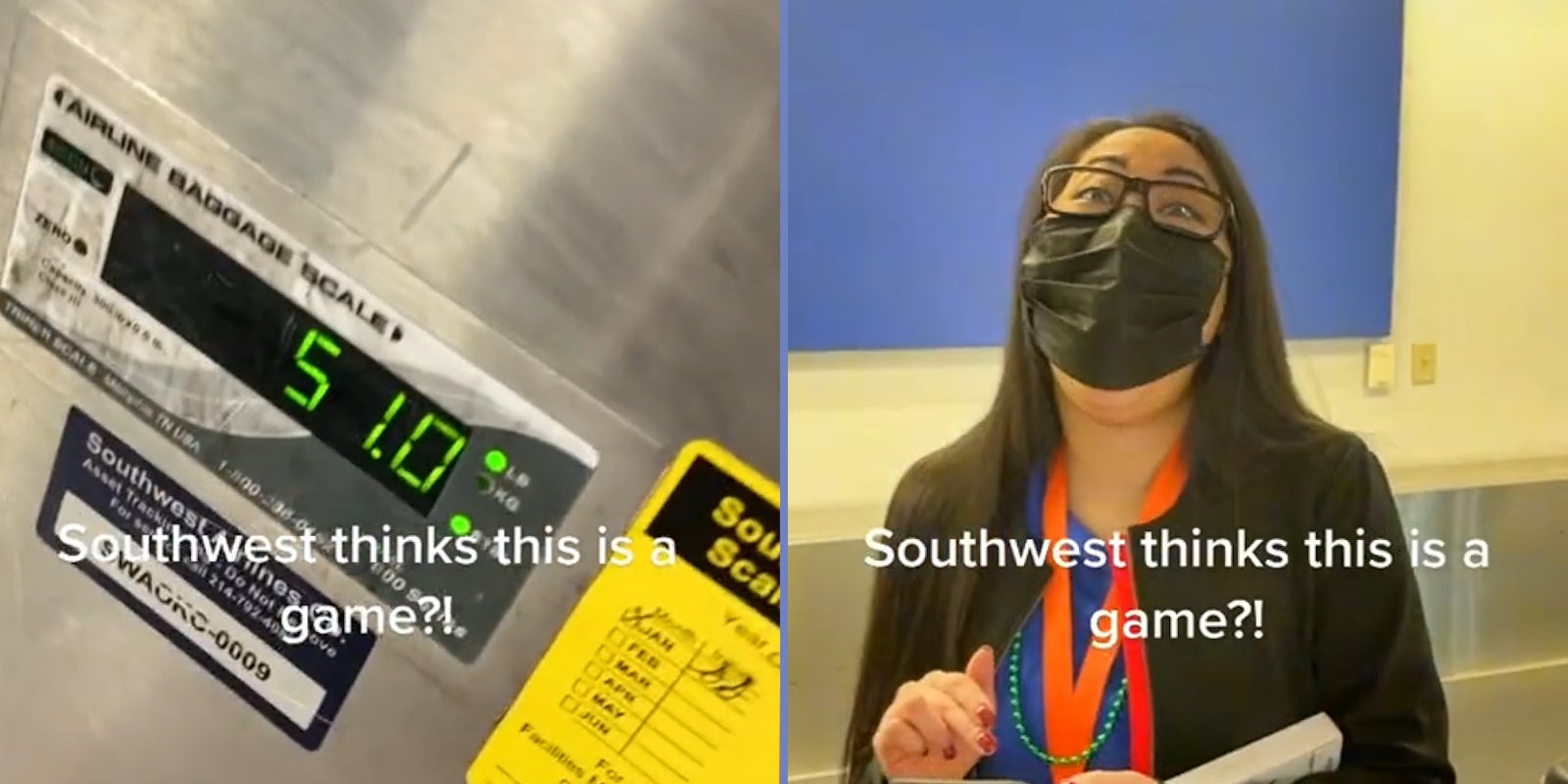 Scale weighing in 51.0 lbs with caption ' Southwest thinks this is a game?!'(l) Southwest female employee laughing after caught pushing scale caption ' Southwest thinks this is a game ?!' (r)