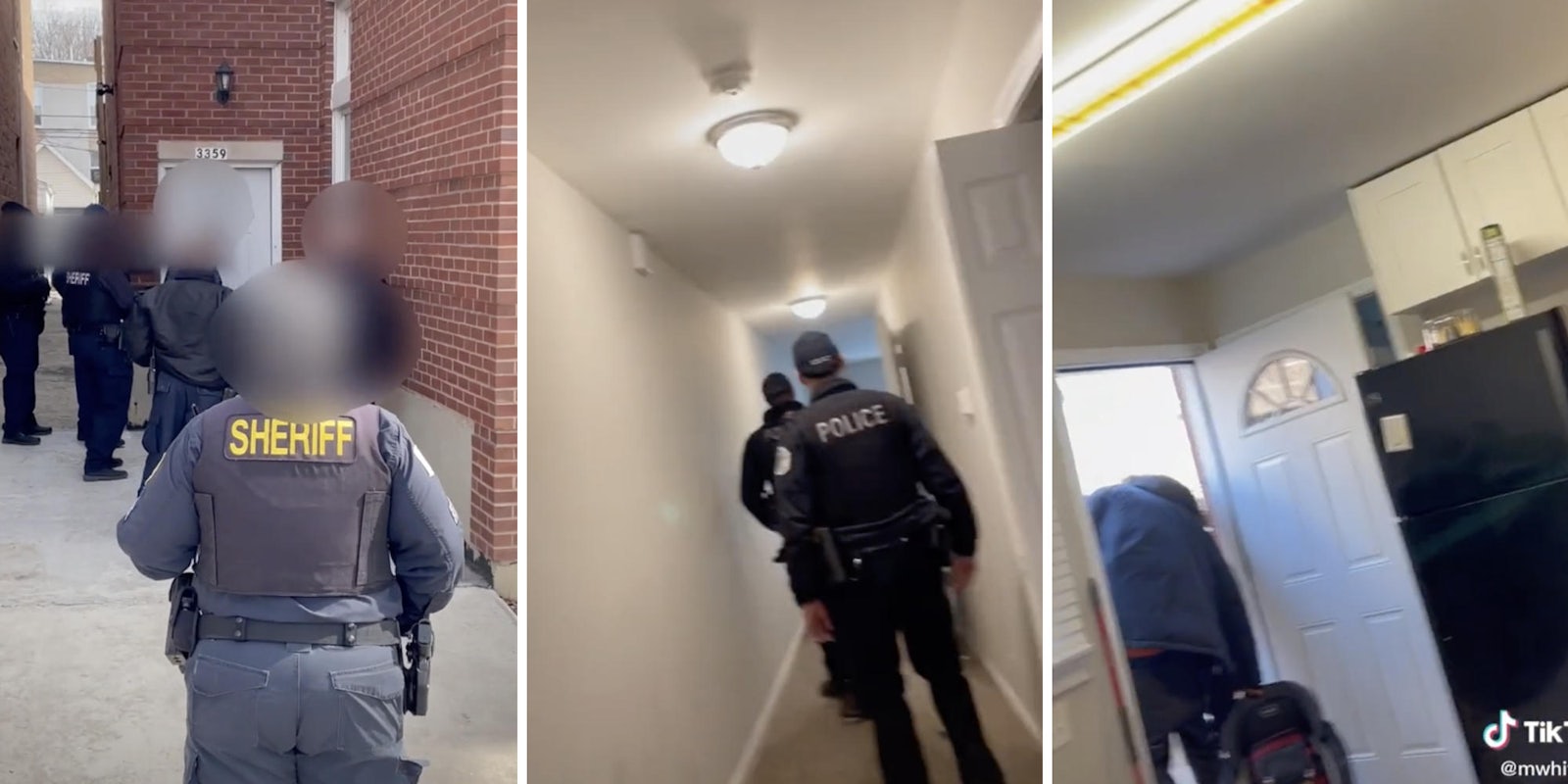 police entering building (l) police walking down hallway (m) person leaving room (r)