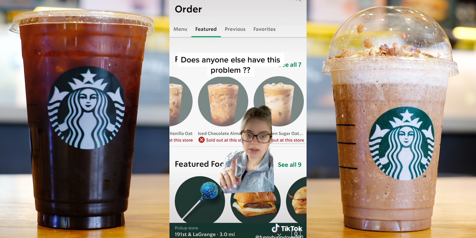 starbucks drinks (l&r) young woman pointing finger over starbucks app background (c)
