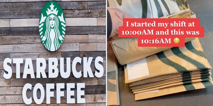 Starbucks shutterstock image (l) Starbucks worker showing orders caption "I started my shift at 10:00 AM and this was at 10:16 AM embarrassed emoji"(r)