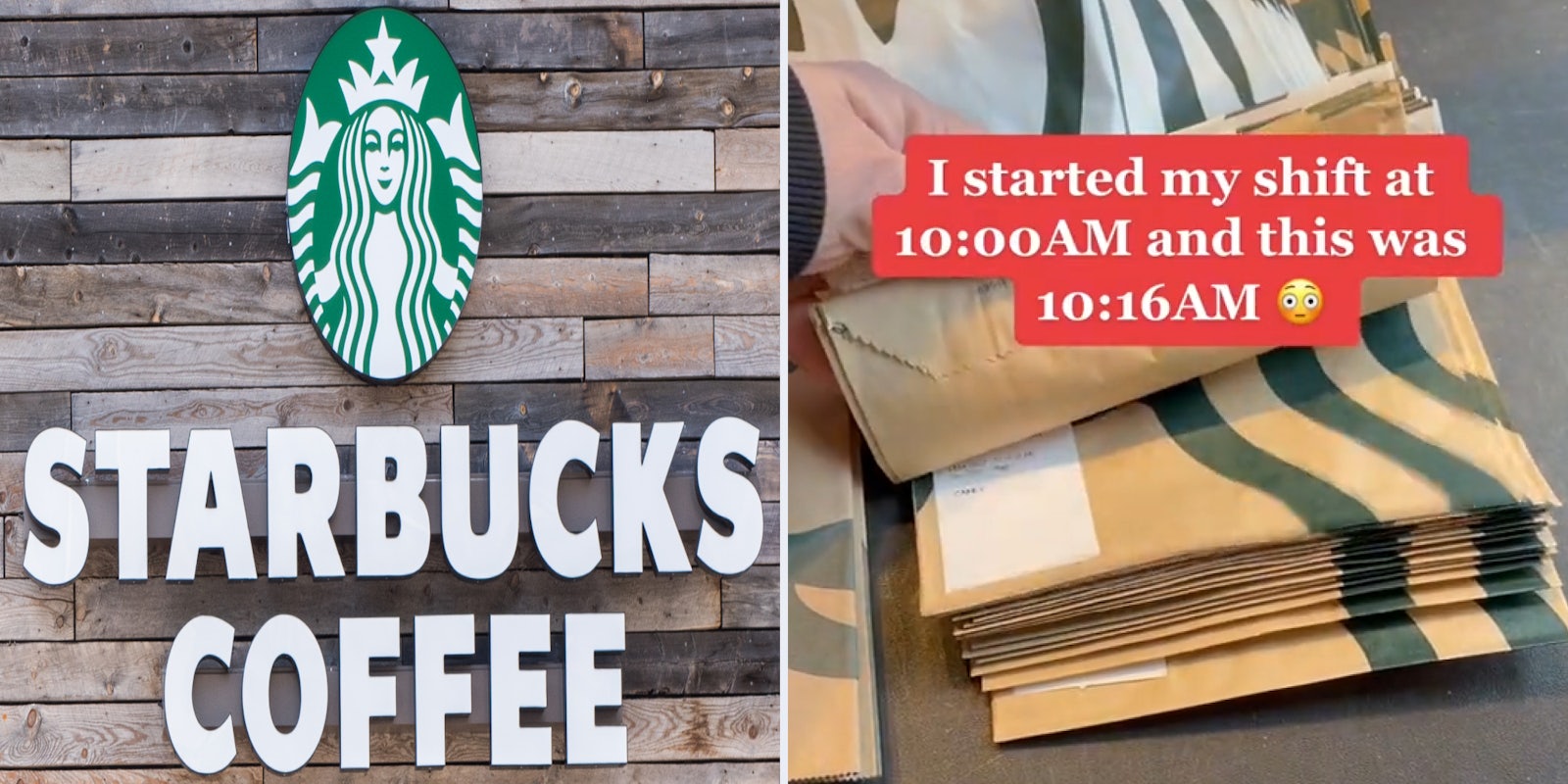 Starbucks shutterstock image (l) Starbucks worker showing orders caption 'I started my shift at 10:00 AM and this was at 10:16 AM embarrassed emoji'(r)