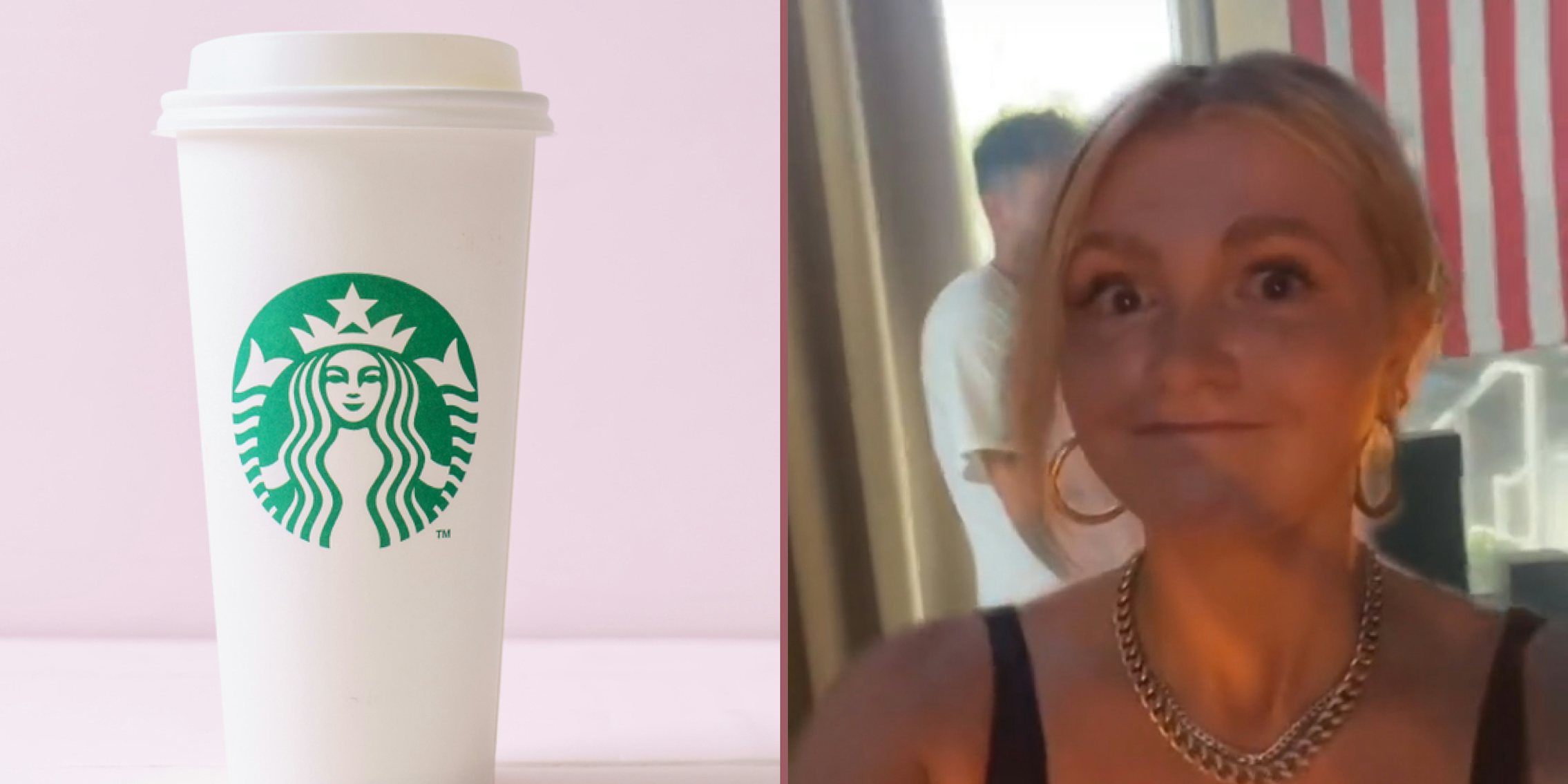 starbucks cup with pink background (l) Woman odd expression (r)