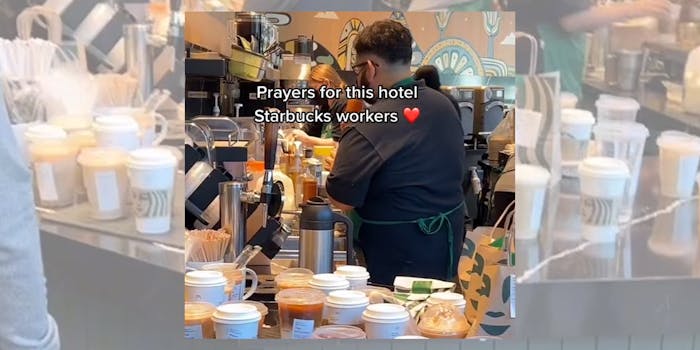 starbucks workers surrounded by orders with caption "prayers for this hotel Starbucks workers"