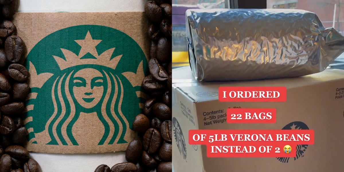 starbucks cup with coffee beans (l) bag of coffee beans on boxes with caption 'i ordered 22 bags of 5lb verona beans instead of 2' (r)