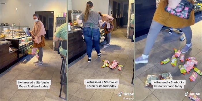 Woman dumps out baskets of snacks at a Starbucks