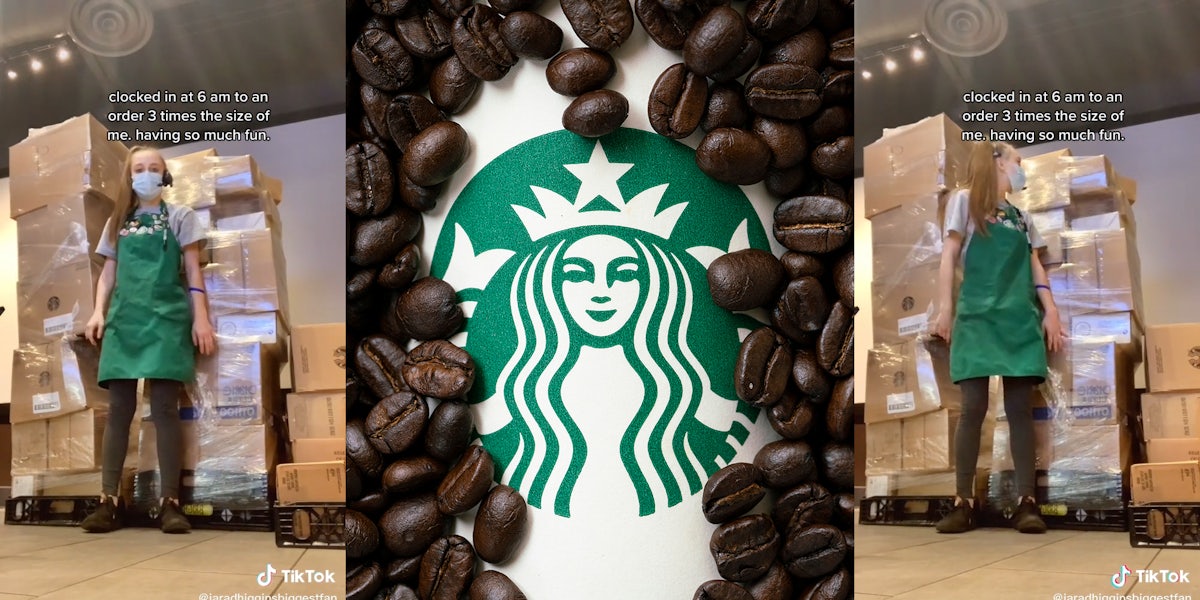 young woman working in starbucks stands in front of several pallets worth of boxes wrapped in plastic with caption 'clocked in a 6 am to an order 3 times the size of me. having so much fun.' (l &r) starbucks logo buried in coffee beans (c)