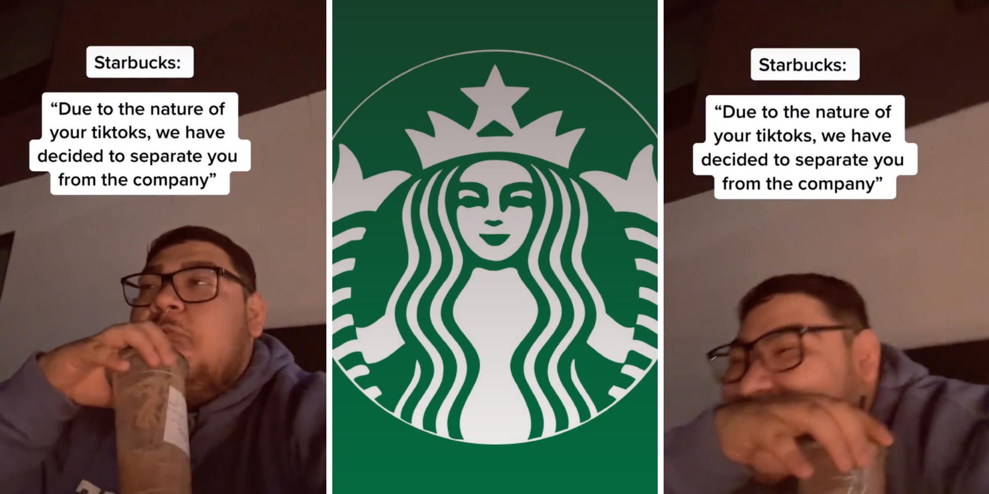 man drinking starbucks coffee (l) starbucks logo (m) man laughing (r)