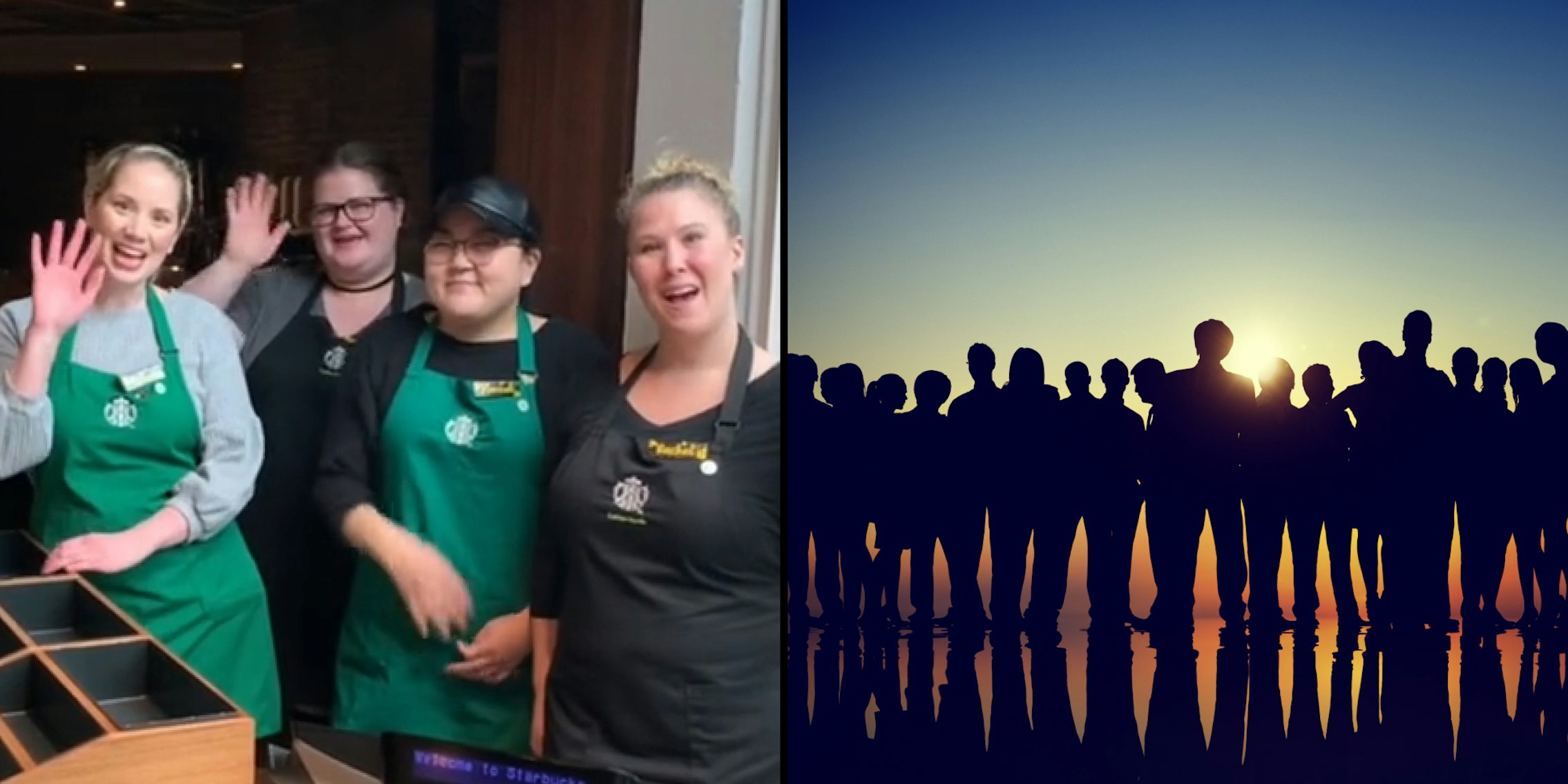 appreciative starbucks employees in tik tok (l) Silhouettes of group of people (r)