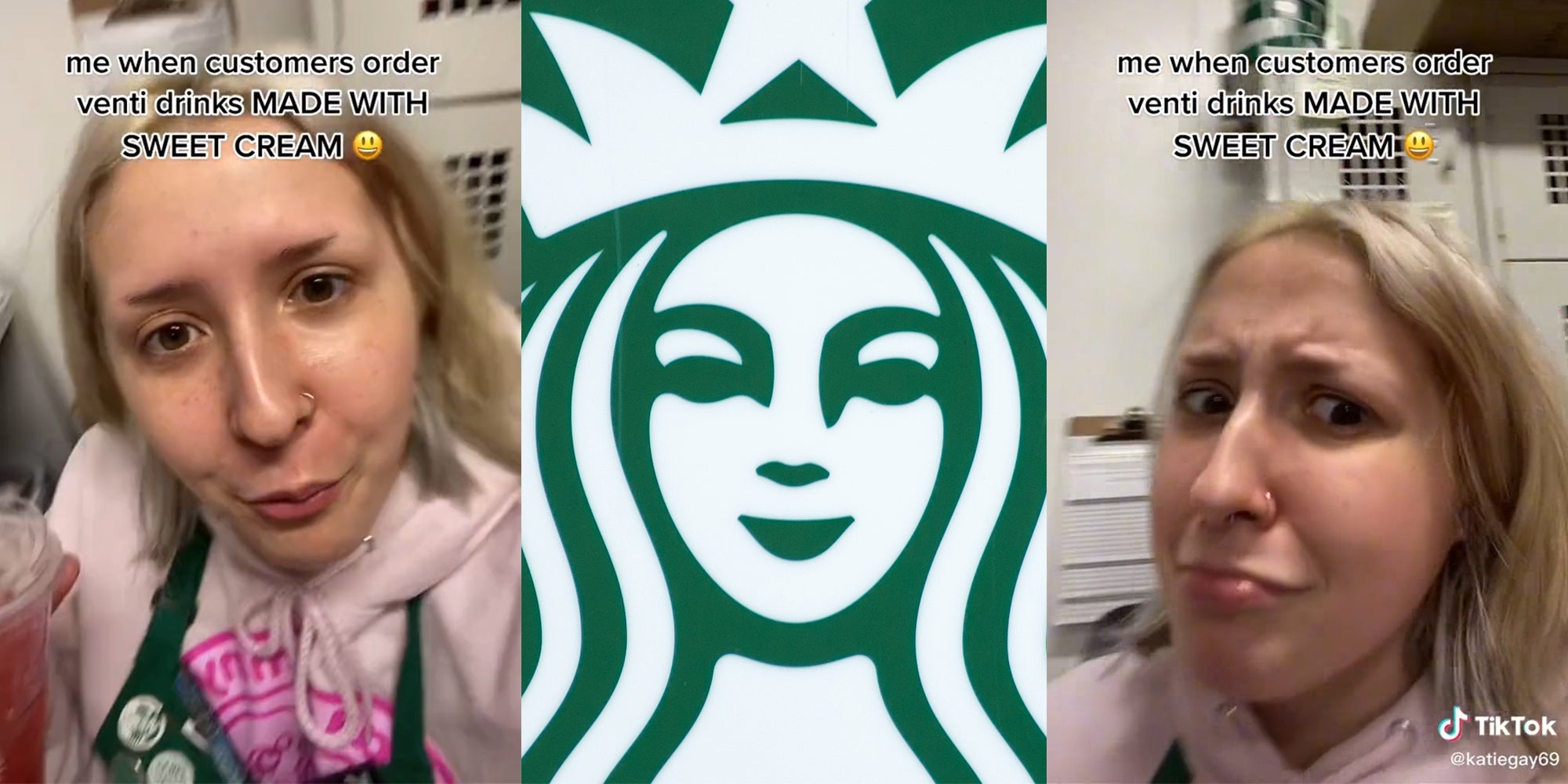 young woman with caption 'me when customers order venti drinks MADE WITH SWEET CREAM' (l&r) starbucks logo (c)