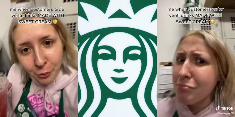 young woman with caption 'me when customers order venti drinks MADE WITH SWEET CREAM' (l&r) starbucks logo (c)