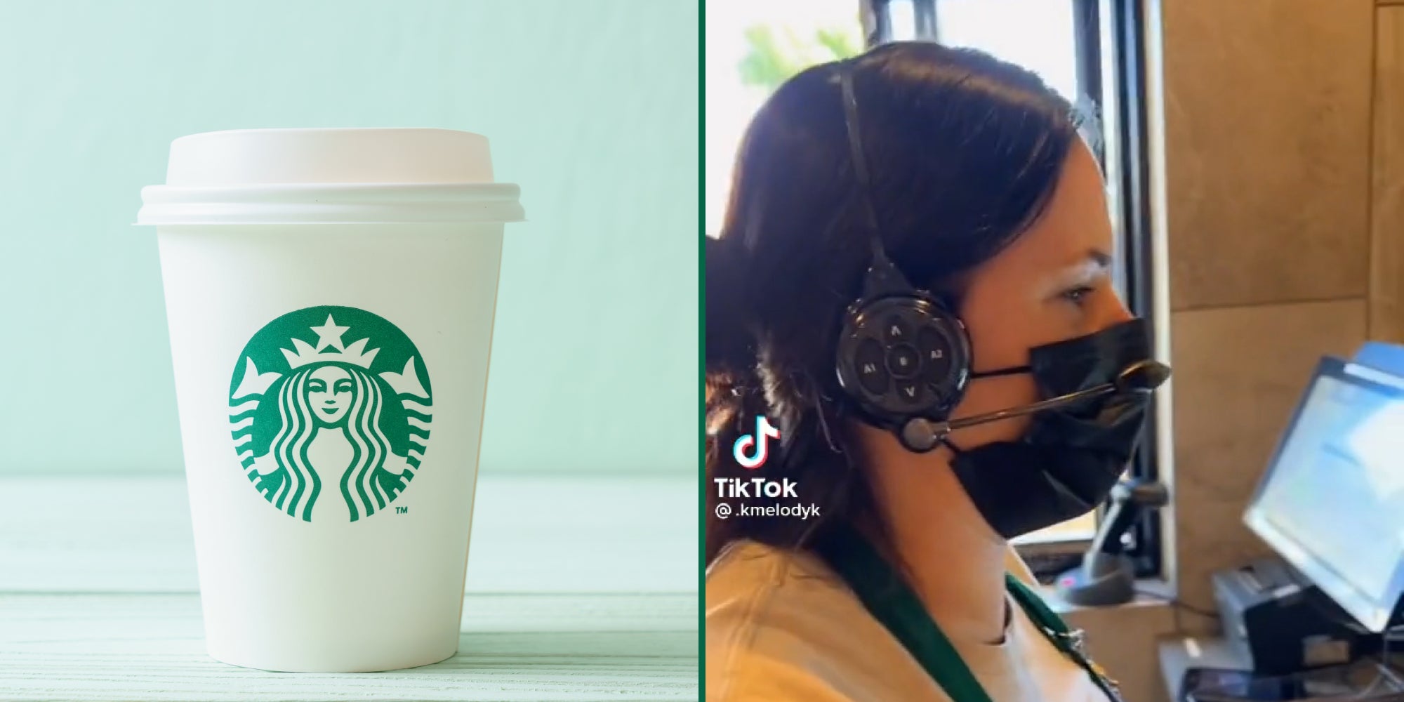 starbucks shutterstock image (l) female starbucks drive through worker with headset (r)