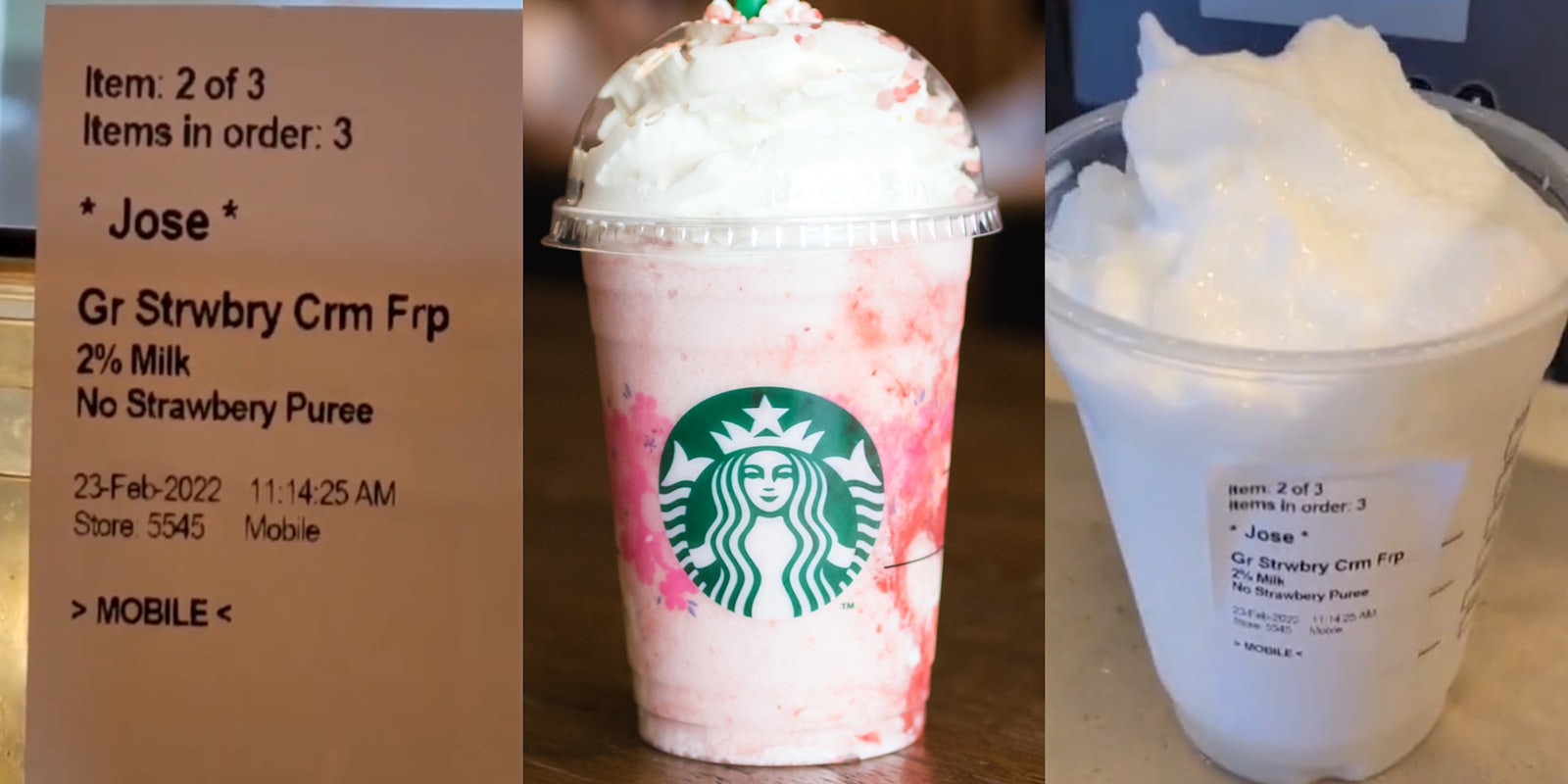 order of 'Gr Strwbry Crm Frp' 2% Milk No Strawberry Puree (l) Starbucks cup (c) starbucks special order with just foamed milk (r)