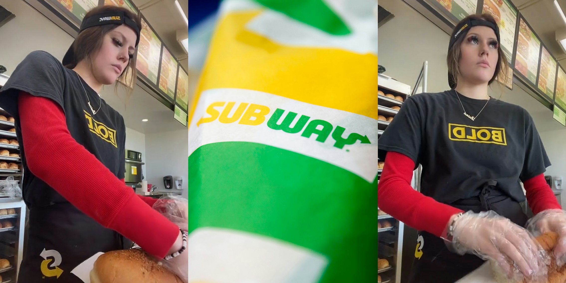 subway worker making sandwich (l & r) subway sandwich wrap (c)