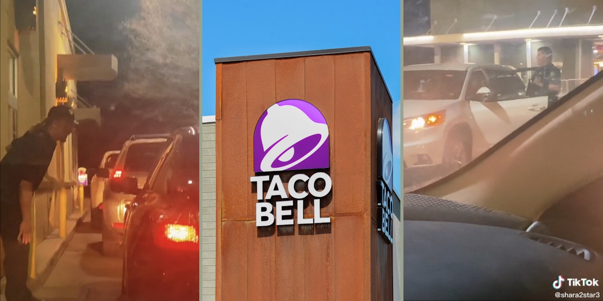 Taco Bell worker speaking to a car (L), Taco Bell sign (M), Cop at white car (R)