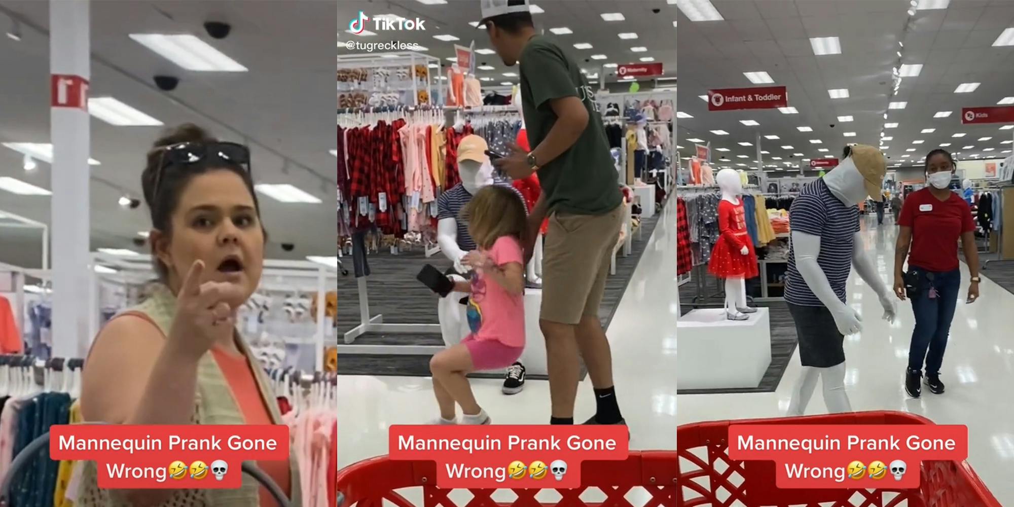 woman pointing (l) girl stumbling in front of man (c) man dressed as mannequin walking with head hanging in shame (r) all with caption "mannequin prank gone wrong"