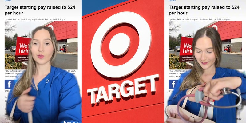 young woman in scrubs placing stethoscope into bag with background of a 'Target starting pay raised to $24 per hour' news story (l&r) target logo (c)