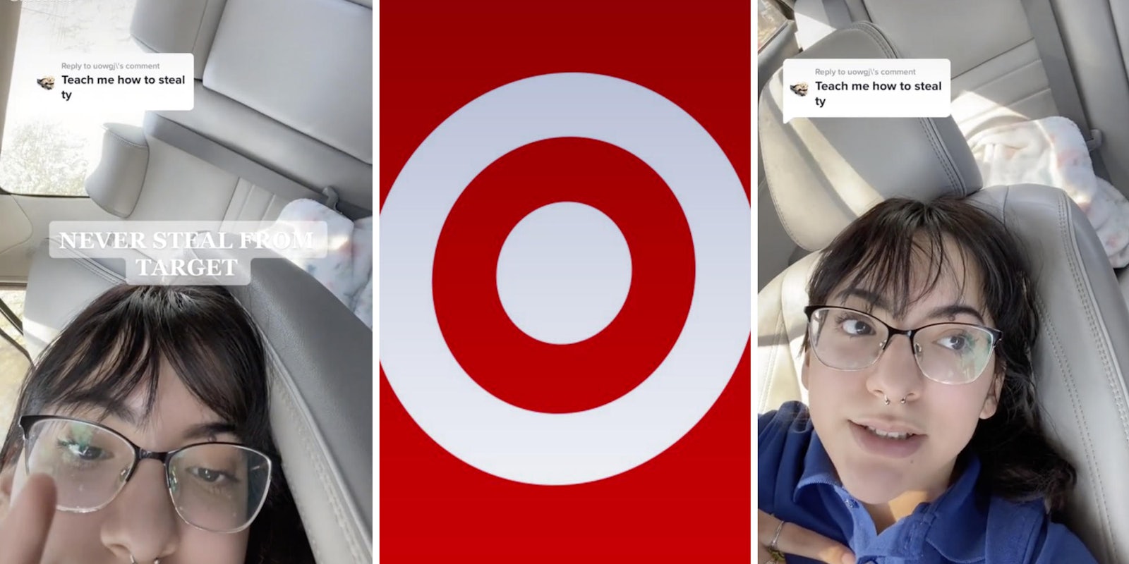woman with glasses explaining how to steal stuff (l) (r) target logo (m)