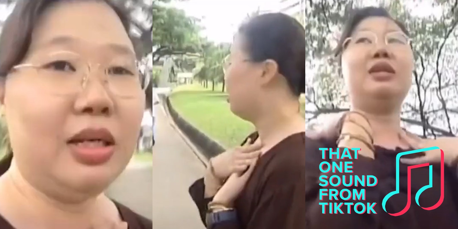 woman in park with hands on chest, caption 'that one sound from tiktok'