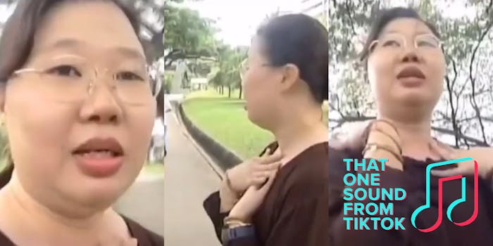 woman in park with hands on chest, caption "that one sound from tiktok"