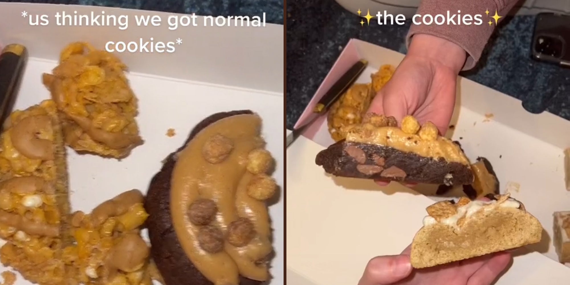 cookies in box cut up (l) Cookies cut open to reveal they are raw caption ' the cookies ' (r)