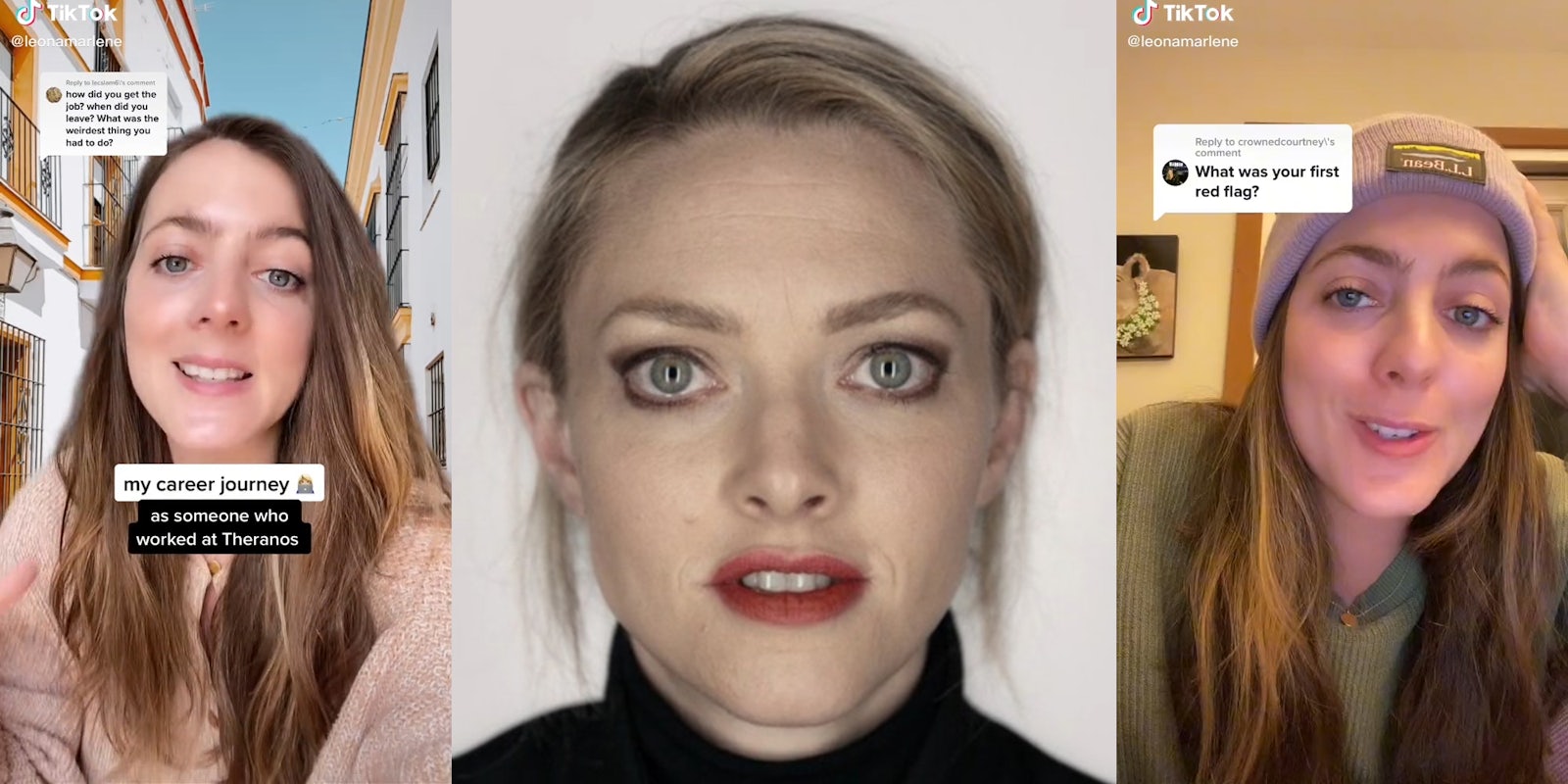 young woman with caption 'my career journey as someone who worked at Theranos' (l) Amanda Seyfried as Elizabeth Holmes (c) same young woman with caption 'What was your first red flag?' (r)