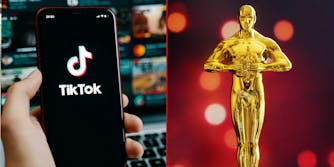 Hand holding phone with TikTOk logo on screen (l) Golden statue of man (Oscar Statue) (r)