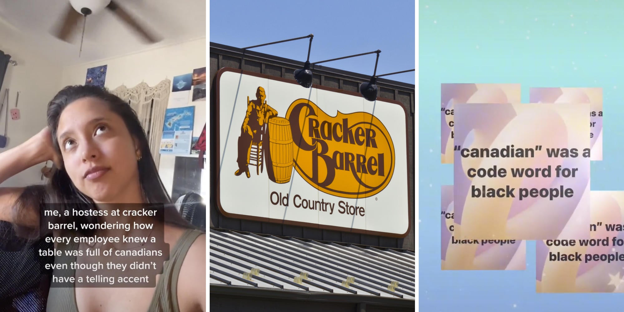 woman lost in thought (l) cracker barrel store (m) screenshot of the words 'canadian was a code word for black people'
