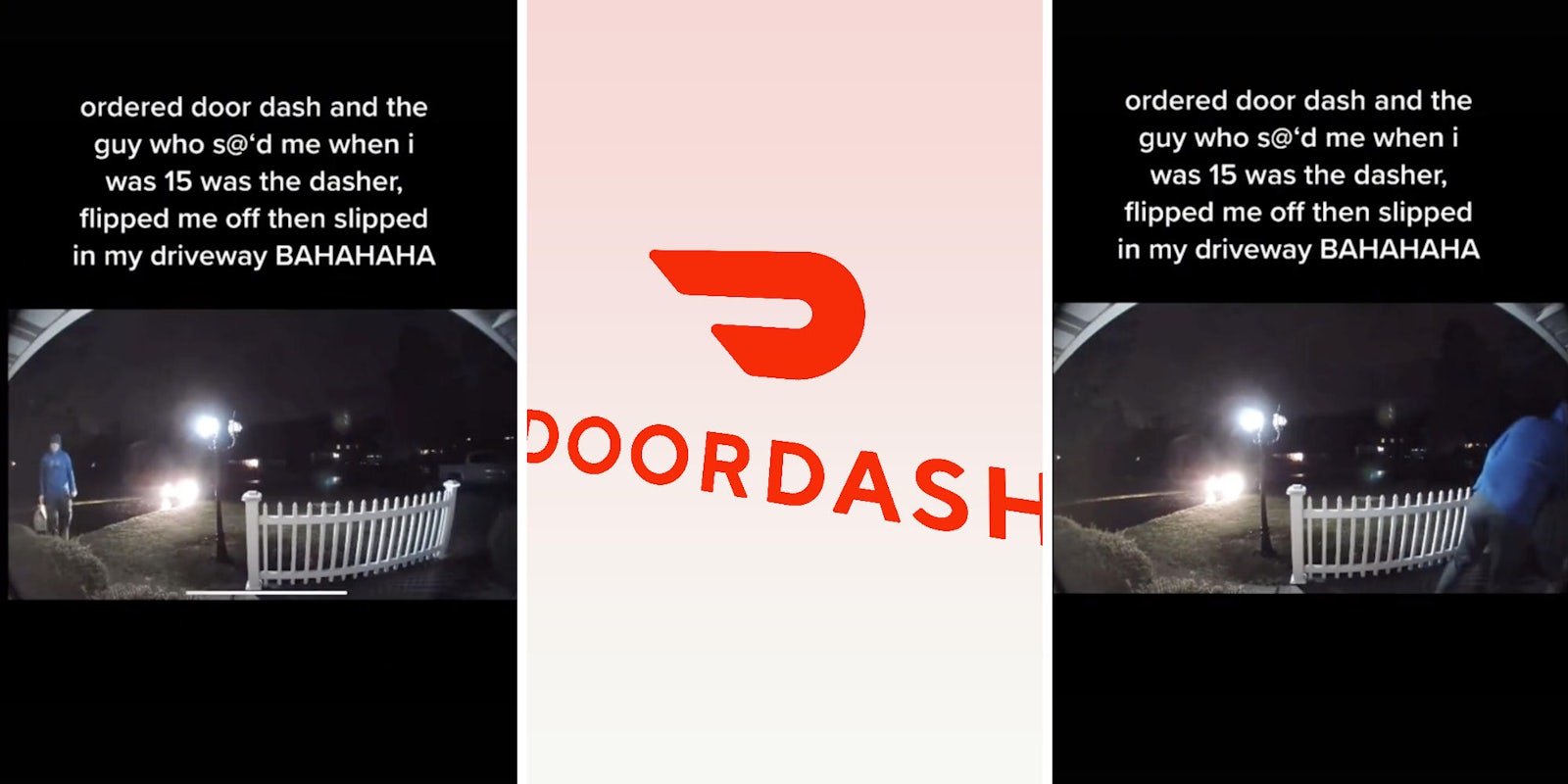 doordash guy delivering food (l) (r) doordash logo (m)