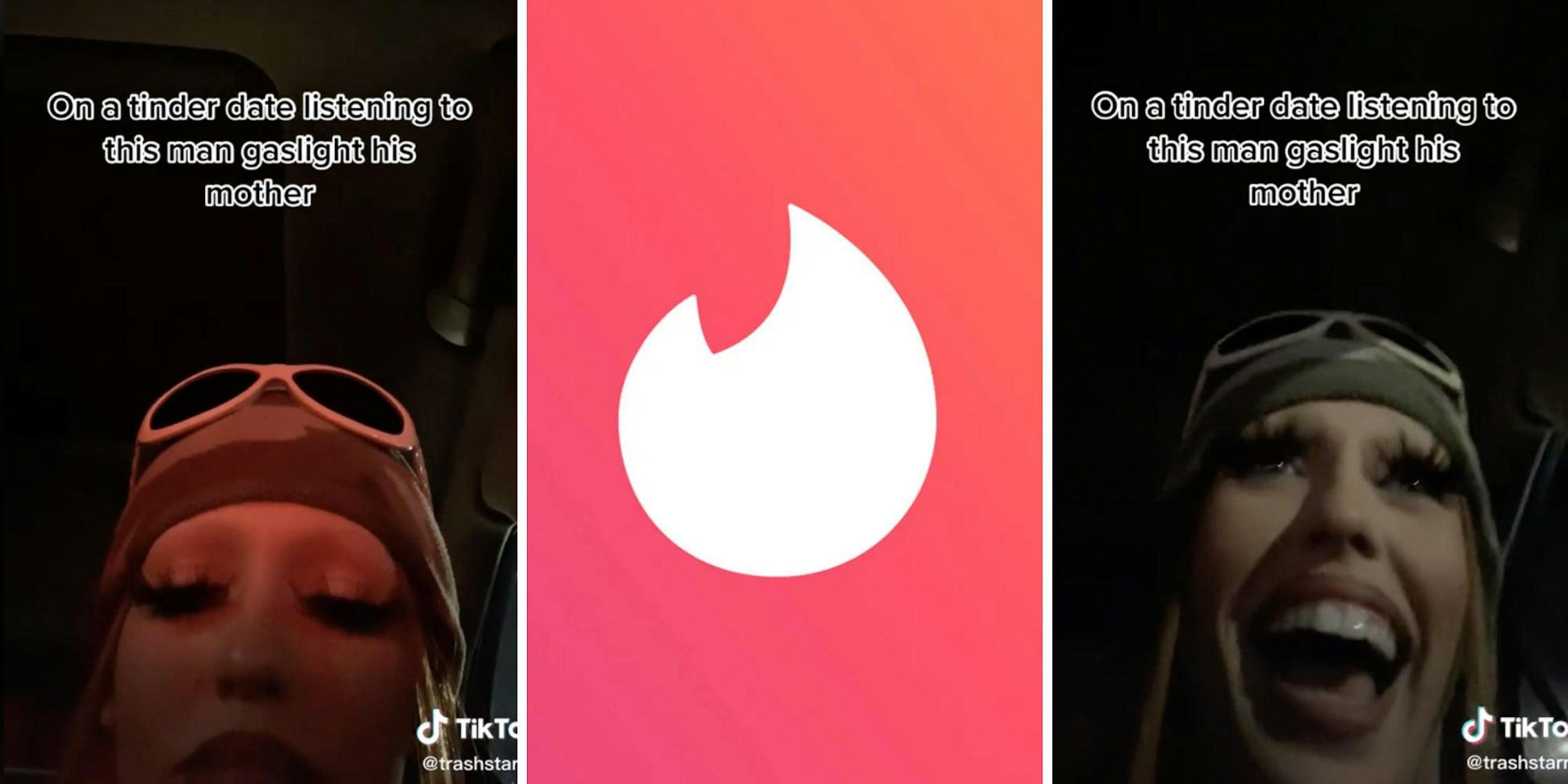 woman listening to phone (l) tinder logo (m) woman laughing (r)