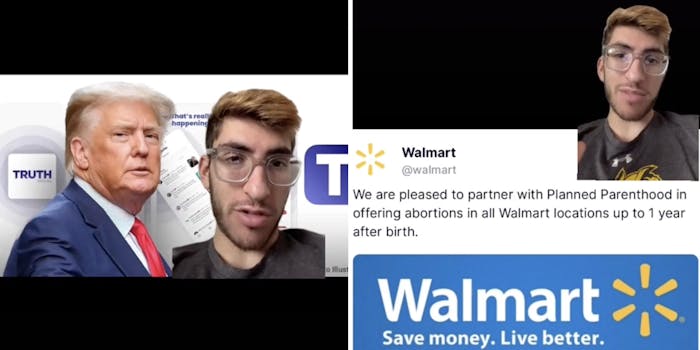 man explaining something in front of image of trump (l) man explaining something with a walmart tweet (r)