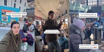 woman in public caption " How I evacuated from Ukraine" (l) Woman standing in crowded train peace signs caption " Train to Poland where I stayed 10 hours on leg" (c) People feeding refugees caption " I can't believe I'm evacuated to Poland!!!!! Polish volunteers, thanks for supporting my country" (r)s