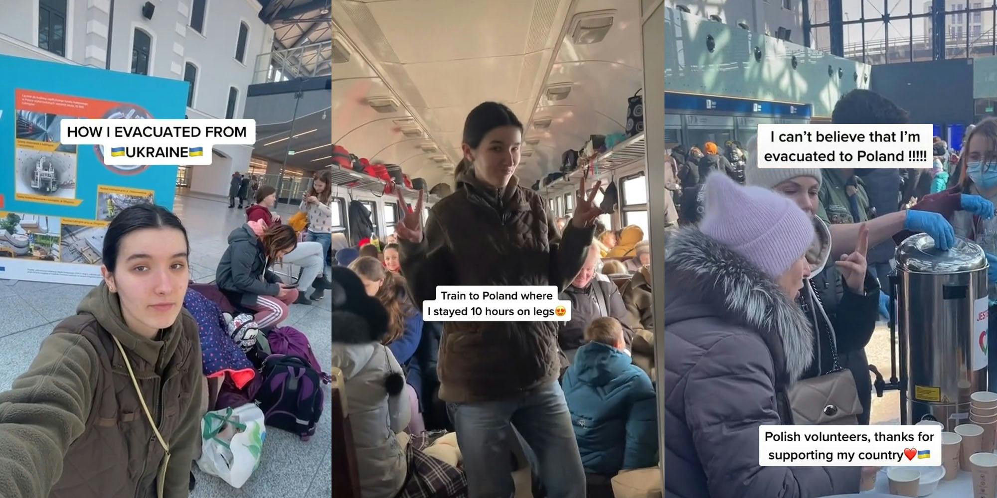 woman in public caption " How I evacuated from Ukraine" (l) Woman standing in crowded train peace signs caption " Train to Poland where I stayed 10 hours on leg" (c) People feeding refugees caption " I can't believe I'm evacuated to Poland!!!!! Polish volunteers, thanks for supporting my country" (r)s
