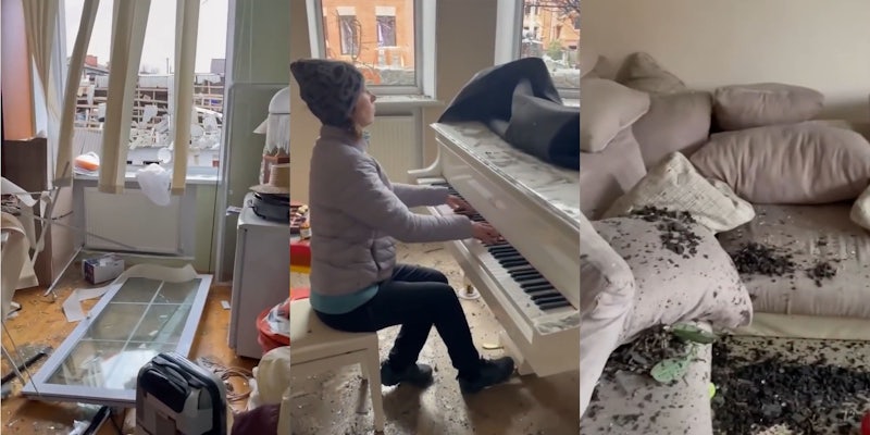 debris of Ukraine broken window and curtains (l) Ukrainian pianist uncovers piano and plays (c) dirt and debris on couch (r)