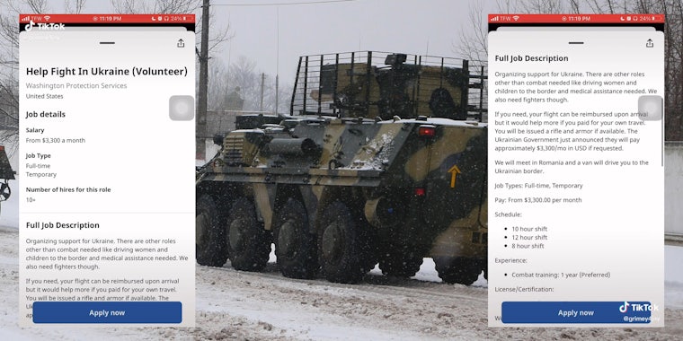 Tank with job listing that reads 'Help Fight in Ukraine (Volunteer)'