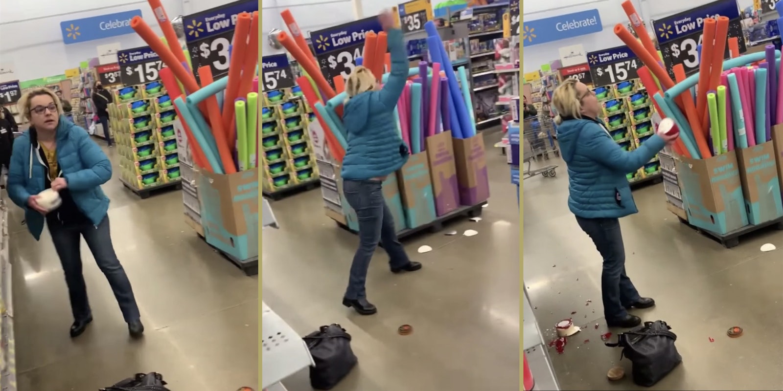 Woman throwing candles inside of a Walmart