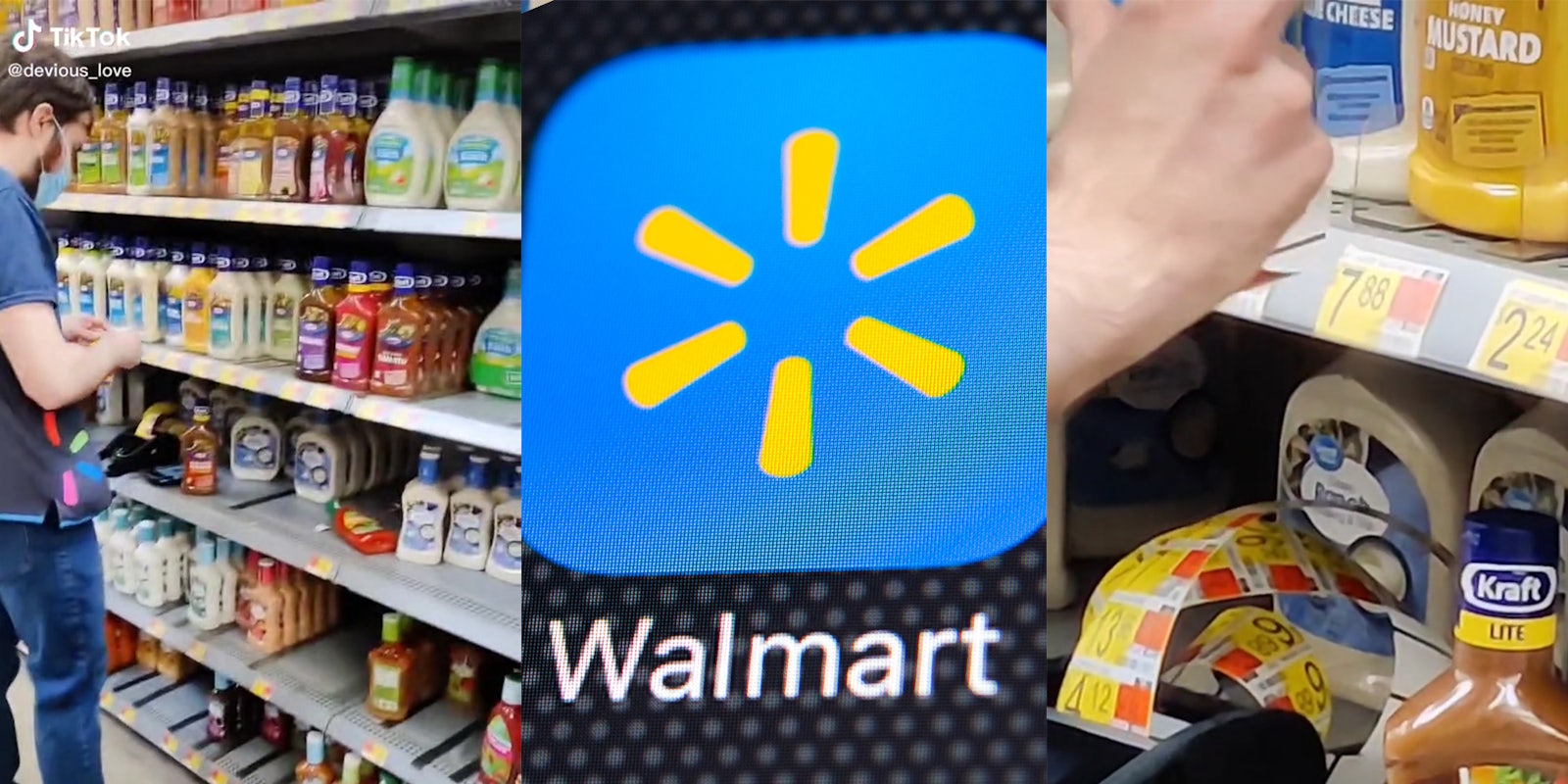 walmart worker changing price tags of salad dressing from 2.24 to 7.88 (l & r) walmart logo (c)