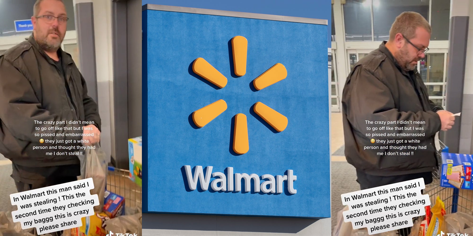 walmart security checking bags of shopper with caption 'in walmart this man said i was stealing! this the second time they checking my baggg this is crazy please share'