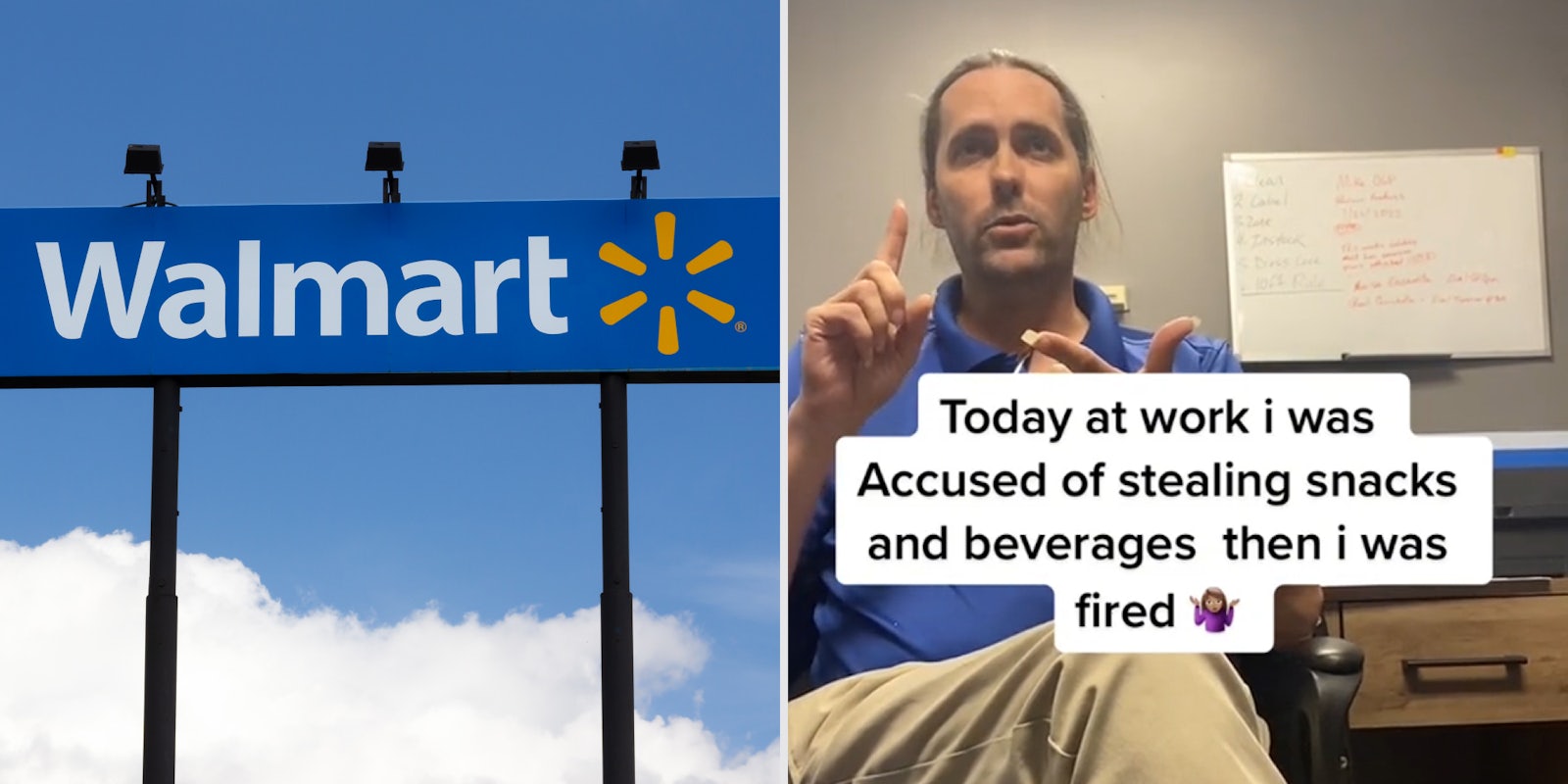 Walmart shutterstock image (l) Walmart manager pointing fingers caption ' Today at work i was accused of stealing snacks and beverages and then i was fired'